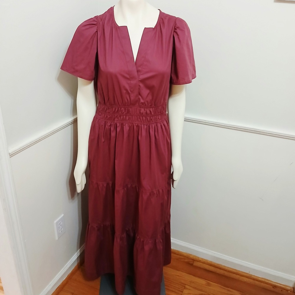 Serra Womens Cotton Tiered Maxi Dress Maroon Smocked Waist Pockets Size M NWT